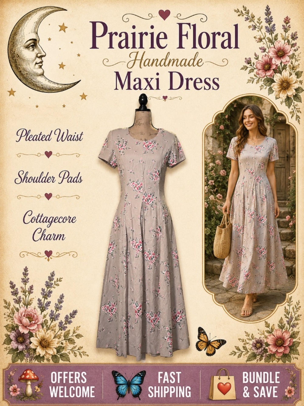 Handmade Vintage‑Inspired Floral Maxi Pleated Waist Shoulder Pads Cotton